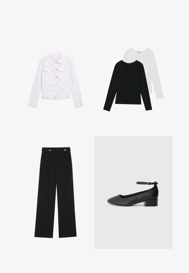 Witte denimjas met lange mouwen, klassieke kraag, twee borstzakken, zilveren knopen en gestikte details op de voorkant en manchetten.; Twee shirts met lange mouwen, één zwart en één wit, beide met een vierkante halslijn en gemaakt van zacht, rekbaar materiaal.; Zwarte wijde broek met hoge taille, knoopdetails op de tailleband en plooien aan de voorkant.; Zwarte leren pump met een spitse neus en een lage blokhak. Beschikt over een enkelband met een goudkleurige gespsluiting. Gladde textuur.