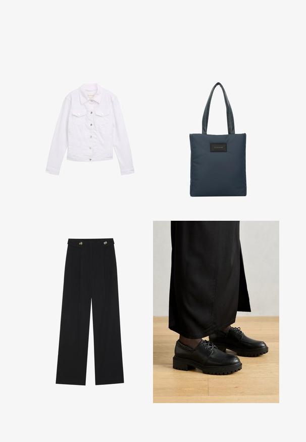 Chaqueta de mezclilla blanca con mangas largas, cuello clásico, dos bolsillos en el pecho, herrajes de botón plateado y detalles de costura en la parte delantera y en los puños.; Camiseta de algodón color crema con un gráfico en tonos púrpura y naranja de un hotel, enmarcado dentro de un borde con forma de sello. Mangas cortas, cuello redondo.; Pantalones de pierna ancha negros con cintura alta, detalles de botones en la cinturilla y pliegues en la parte delantera.; Zapatos de cuero negro con punta redondeada, suela de goma gruesa y cordones. El diseño presenta un bordado decorativo a lo largo de la parte superior.; Bolso de mano azul marino hecho de nylon suave, con dos asas texturizadas y un parche de logo rectangular negro en el frente.