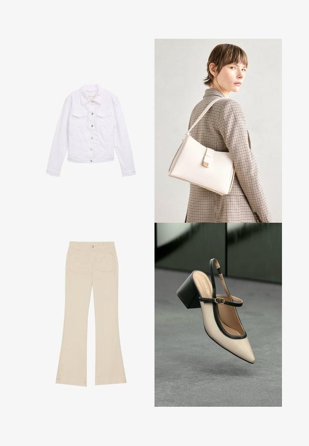 Jachetă din denim alb, cu mâneci lungi, guler clasic, două buzunare pe piept, accesorii cu butoane argintii și detalii cusute pe față și mansete.; Tricou alb cu mânecă scurtă, cu guler larg și model texturat cu dungi, realizat dintr-un material moale, având o croială lejeră și un design curat.; Pantaloni bej evazați cu talie înaltă, realizati dintr-un materiale din bumbac. Prezintă buzunare frontale și posterioare, găici pentru curea și un singur nasture argintiu.; Pantof divers în nuanță bej, cu vârf ascuțit, curea de susținere în spate, cu margine neagră, cataramă aurie și toc gros pe un podea gri, cu un fundal verde închis.; Geantă de mână din piele albă cu un design structurat, având o închidere magnetică și un breteau, expusă pe un fundal neutru.