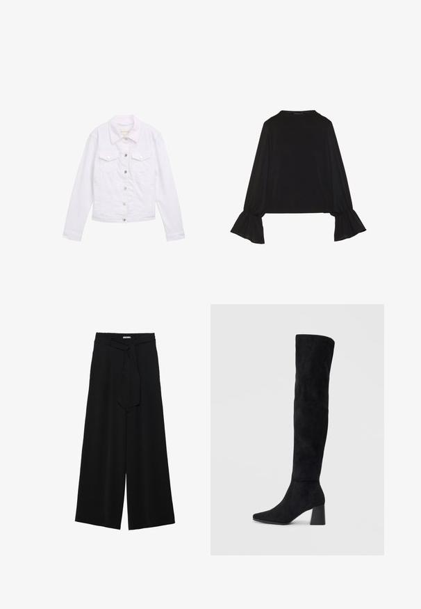 Valge denimpusa pikkade varrukatega, klassikalise kraega, kahe rinna taskuga, hõbedase võtme detailiga ja õmmeldud viimistlusega ees ja mansettides.; Mustsärgid musta tooniga, pika varrukaga, flöödid käised, pehme tekstuur ja vabalt langev lõige, lihtsa ümaraga kaelusega.; Mustad laiad püksid, millel on tekstureeritud kangas, elastne vöökoht ja eemaldatav pael vööst, et reguleerida sobivust.; Must must ümberpööratud musta nahast põlve kõrgune saapad blokknõelaga, terava varbaga ja sujuva, õmblusteta disainiga, asetatud heledale taustale.