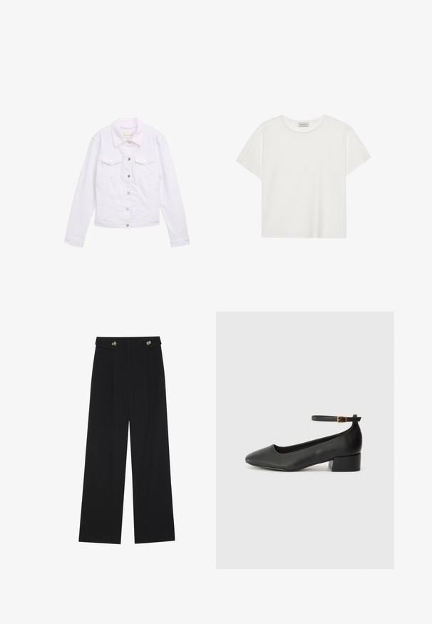 Bela denim jakna z dolgimi rokavi, klasičnim ovratnikom, dvema žepoma na prsih, srebrnimi gumbi in šitimi podrobnostmi na sprednji strani in na manšetah.; Bela kratkotrajna majica s kratkimi rokavi, narejena iz mehke bombažne tkanine. Ima okroglo ovratnico in sproščen kroj. Čist dizajn brez vidnih vzorcev ali akcentov.; Črne široke hlače s visokim pasom, gumbnimi detajli na pasu in sprednjimi gubami.; Črne usnjene pumpice z nazobčanimi prsti in nizko blokasto peto. Imajo trak okoli gležnja z zaponko v zlatem tonu. Gladka tekstura.
