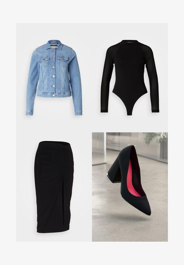 Heledad sinine teksajakk klassikalise kraega, kahe rinnatasku, vasknuppudega ja kergelt lühendatud disainiga. Sile tekstuur ja vormitud kuju.; Must muströmpa mustristik pikkannukkide mustri kõrgetting toori jalgade kinnitanud, mulit haufri. Pakk keskosa ülemine vilip. ; Mustast, rikutud pliiatsiseelik sidumisdetailiga ja küljes lahtise lõhenemisega. Valmistatud venivast kangast, millel on sile tekstuur ja keha lähedane lõige.; Mustad must kõrged kontsad, terava ninaga, tekstuurse pinnaga ning erksa roosa sisemusega. Omab paksu kontsa koos hõbedase aktsendiga.