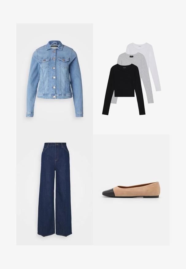 Light blue denim jacket with a classic collar, two chest pockets, copper buttons, and a slightly cropped design. Smooth texture and fitted shape.; Three long-sleeve tops stacked: black, grey, and white. Each has a round neckline and a cropped design with smooth, lightweight fabric.; High-waist wide-leg dark blue denim jeans with front and back pockets, button closure, and visible stitching details.; Beige suede ballet flat with a black leather rounded toe cap, low heel, and smooth texture, featuring minimal stitching and a clean design.