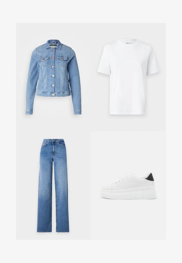 Világoskék farmerdzseki klasszikus gallérral, két mellet zsebbel, réz gombokkal és enyhén cropped kialakítással. Sima textúra és karcsú fazon.; Fehér pamut környakú póló, rövid ujjakkal és sima textúrával. Kényelmes és sokoldalú, laza szabással készült.; Világoskék, széles szárú farmernadrág, magas derékkal, elülső zsebekkel és normál gombos záródással. Sima felület.; Fehér platform sportcipők sima szintetikus anyagból, lekerekített orral, fűzős kialakítással és texturált gumitalppal. Fekete sarokdísz.