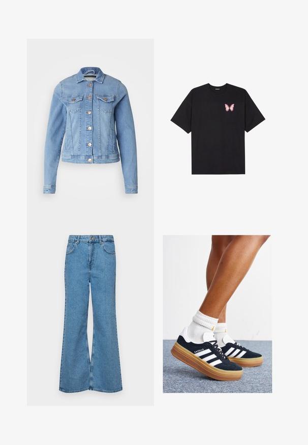 Világoskék farmerdzseki klasszikus gallérral, két mellet zsebbel, réz gombokkal és enyhén cropped kialakítással. Sima textúra és karcsú fazon.; Fekete pamut póló rövid ujjakkal, bal mellkason egy kis rózsaszín pillangó grafikával. Kerek nyakú kialakítás, laza fazonnal.; Világoskék, trapézszárú farmernadrág, magas derékkal, öt zsebbel és egy gombos záródással. Puha tapintású, magasított effektusú anyag.; Fekete velúr sportcipő fehér csíkokkal és díszítésekkel, lekerekített orral, gumitalpú külső résszel, fehér bordázott bokazoknival párosítva.