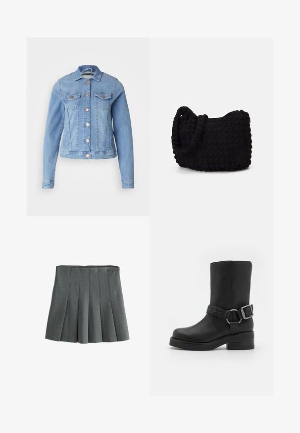 Lichtblauwe denimjack met een klassieke kraag, twee borstzakken, koperen knopen en een iets verkorte snit. Glad textuur en getailleerde vorm.; Next HEAVYWEIGHT SHORT SLEEVE CREW NECK STANDARD - T-shirt print - chocolate brown; Grijze geplooide rok van lichtgewicht stof, met een aansluitende taille en gestructureerde plooien die een uitlopende silhoutte creëren.; Zwarte leren enkellaars met een ronde neus, een dikke hak en een decoratieve gespband rond de enkel. Geverfde afwerking.; Zwarte stoffen tas met een gestructureerd, gewatteerd patroon. Rondvormig, korte, dikke handvatten en een zachte, flexibele structuur.