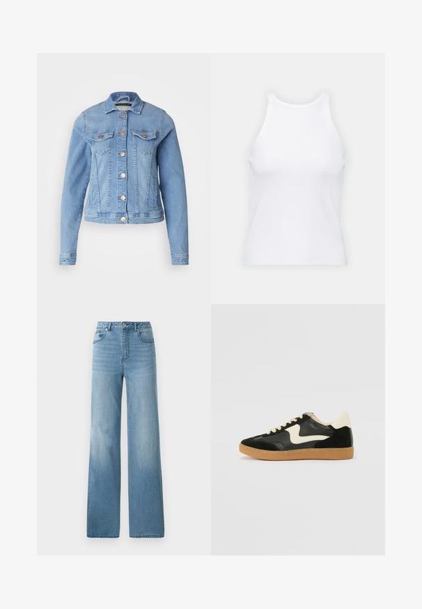 Világoskék farmerdzseki klasszikus gallérral, két mellet zsebbel, réz gombokkal és enyhén cropped kialakítással. Sima textúra és karcsú fazon.; Fehér ujjatlan trikó ribbed anyagból, lekerekített nyakkivágással és testhez simuló siluettel, minimális varrásokkal és díszítések nélkül.; Világoskék, magas derekú farmernadrág egyenes szabással. Denim anyagból készült, öt zsebbel és gombos záródással.; Fekete velúr és bőr sneaker, krém színű oldalsó swoosh-sal és világos krém színű sarokkal. Beigézett fűzőkkel és gumi talppal rendelkezik.