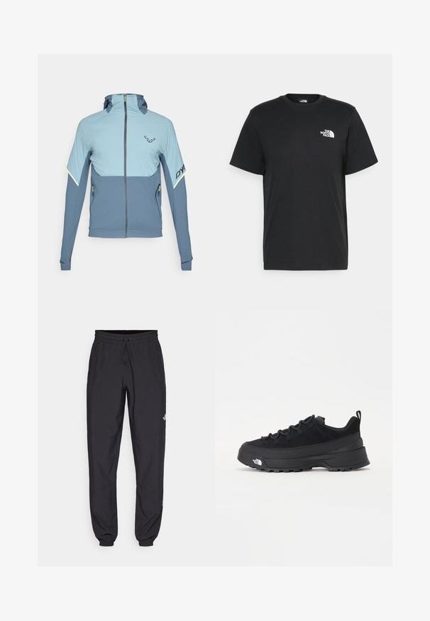 Casaco com capuz em tecidos azul claro e azul escuro, apresentando fecho de correr na frente, costuras de realce e detalhes refletivos nas mangas e nos bolsos.; T-shirt de algodão preto com mangas curtas, decote redondo e um pequeno logótipo branco no lado esquerdo do peito. Design simples, textura suave e corte relaxado.; Calças atléticas pretas feitas de tecido leve, com um cós ajustável por cordão, bolsos laterais e punhos afunilados nos tornozelos.; Sapatilha de exterior preta com parte superior em camurça, sola de borracha texturizada e sistema de atacadores robusto. Apresenta um calcanhar reforçado e o logótipo da marca na lateral.