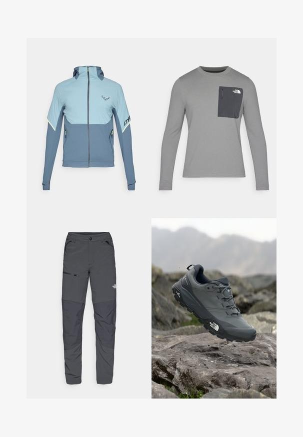 Hooded jacket in light blue and dark blue fabrics, featuring a zip front, accent seams, and reflective detailing on sleeves and pockets.; Long-sleeve gray shirt with textured fabric, featuring a dark gray chest pocket and a zip closure. Logo on pocket in white.; Gray outdoor pants with a smooth texture, featuring a zippered pocket on the side, reinforced knee sections, and a subtle logo detail.; Grey trail running shoe with a textured upper, durable rubber sole, and reinforced toe cap. Features laces and brand logo on the side.