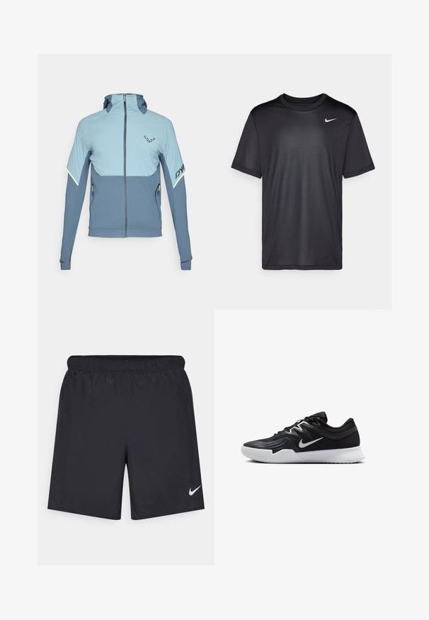 Huppari vaaleansinisestä ja tummansinisestä kankaasta, jossa on vetoketjukiinnitys, korostussaumat sekä heijastavat yksityiskohdat hihoissa ja taskuissa.; Musta urheilut-paita lyhyillä hihoilla, pyöreällä kauluksella, valmistettu sileästä kankaasta. Täydentää pieni valkoinen Nike-logo vasemmassa yläkulmassa.; Mustat urheilushortsit, jotka on valmistettu kevyestä materiaalista ja joissa on joustava vyötärö. Alareunassa vasemmalla puolella on pieni valkoinen Nike-logo.; Musta urheilukenkä, jossa on teksturoitu päällinen, valkoinen Nike-tikkaus ja valkoinen kumipohja. Kenkässä on nauhakuji ja dynaaminen muoto.