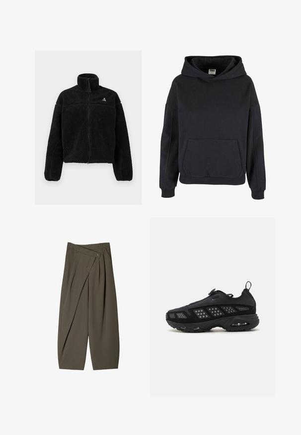 Fekete fleece dzseki magas gallérral, teljes cipzárral és texturált mintával. Kis logó található a bal felső oldalon. Rövidített kivitel.; Fekete pamut kapucnis pulóver tágas kenguruzsebbal, nagy kapucnival, bordás mandzsettákkal és szegéllyel. Egyszerű, pulóver dizájn, látható minták nélkül.; Széles szabású sötét olívazöld nadrág, pleated elülső kialakítással, gombos záródással és fényes, texturált felülettel.; Fekete sportcipő párnázott talppal, hálós felsőrésszel és texturált részletekkel. Húzófüllel és kör alakú záróelemmel rendelkezik a tetején.