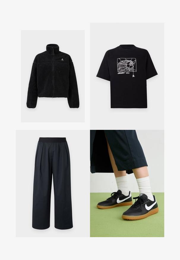 Črna flis jakna z visokim ovratnikom, polnim zadrgo in teksturiranim vzorcem. Ima majhen logotip na zgornji levi strani. Kratka dolžina.; Črn T-majica iz bombaža s kratkimi rokavi. Na sprednji strani ima belo grafiko pajkove mreže in logo. Preprost okrogli izrez.; Črne hlače širokih hlačnic z nabrano sprednjo stranjo, elastičnim pasom in gladko teksturo tkanine. Imajo sproščen kroj in skrajšano dolžino.; Črne usnjene in sintetične superge z belim Nike swooshom, gumo na podplatu, okroglo konico ter črnimi vezalkami. Vidne so rebraste bele nogavice.
