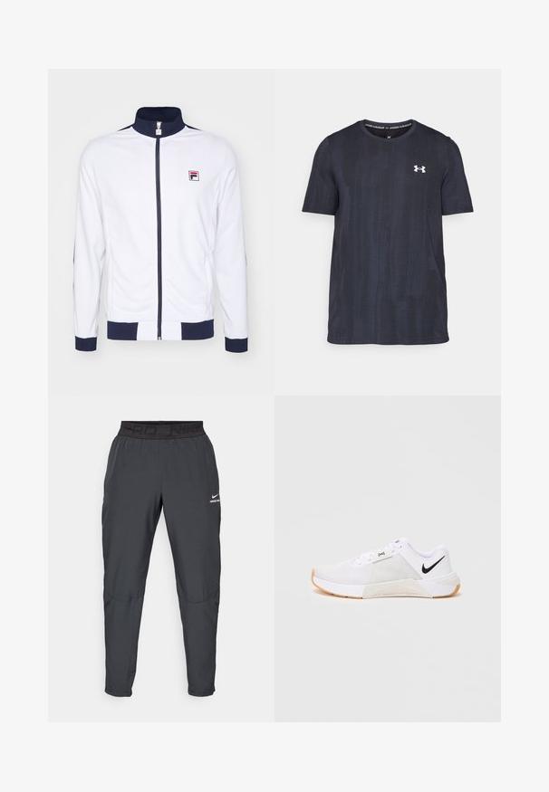 Vit zip-up jacka med hög krage, marinblå accenter på ärmar och axlar, med en liten röd och blå logotyp på bröstet.; Mörkblå kortärmad t-shirt gjord av andningsbart tyg, med ett texturerat mönster och en vit Under Armour-logotyp på bröstet.; Nike Pro byxor i mörkgrått, med ett svart elastiskt midjeband som har texten "PRD" och "NIKE PRO", slät tygkvalitet, taperad design och subtila sömnadsdetaljer.; Herrarnas vita Nike sportskor med svart swoosh-logga, mesh-ovandel och gummifärgad sula, visad från sidan på en vit bakgrund.