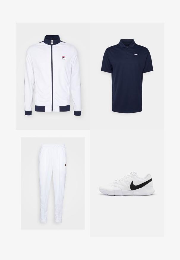 Witte zip-up jas met hoge kraag, marineblauwe accenten op de manchetten en schouders, voorzien van een klein rood en blauw logo op de borst.; Navyblauwe polo gemaakt van gladde stof, met een drieknoopsluiting, korte mouwen en een klein wit Nike-logo op de borst.; Witte sportbroek met een elastische tailleband, voorzien van zijzakken en subtiele stikseldetails langs de benen.; Witte sportieve schoenen met een gestructureerde bovenkant, zwarte Nike swoosh, gewatteerde kraag en een solide rubberen buitenzool met een gepatternde profiel.