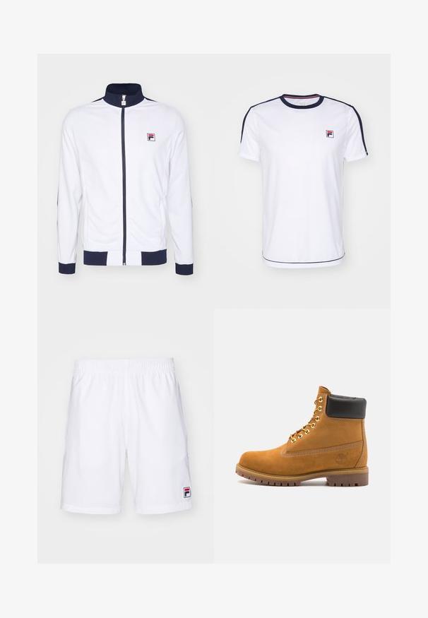White zip-up jacket with a high collar, navy accents on cuffs and shoulders, featuring a small red and blue logo on the chest.; White short-sleeve t-shirt made of breathable fabric, featuring navy accents on sleeves and a small FILA logo on the chest.; Fila SHORTS JAKOB - Sports shorts - white/navy; Tan suede ankle boot with black padded collar, gold metal eyelets, white stitching detailing, and rugged rubber sole with pronounced treads.