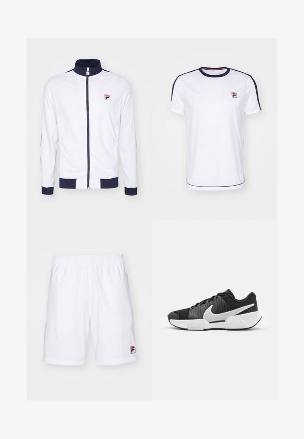 Witte zip-up jas met hoge kraag, marineblauwe accenten op de manchetten en schouders, voorzien van een klein rood en blauw logo op de borst.; Witte t-shirt met korte mouwen, gemaakt van ademend materiaal, met marineblauwe accenten op de mouwen en een klein FILA-logo op de borst.; Fila SHORTS JAKOB - Korte broeken - white/navy; Zwarte sportieve schoenen met een gestructureerde bovenkant, wit swoosh-logo, gepolsterde hiel en een contrasterende witte zool met een zigzagpatroon.