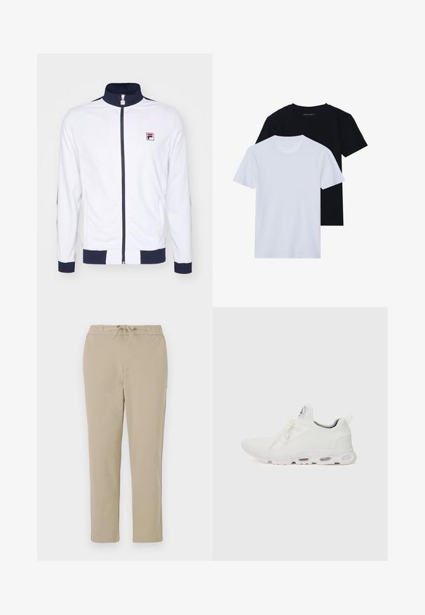 Balts zip-žakets ar augstu apkakli, tumši zilas akcenti uz piedurknēm un pleciem, ar mazu sarkanu un zilu logotipu uz krūtīm.; Divi īsā piedurkņu t-krekli ar apaļu kaklu, viens melns un otrs balts, izgatavoti no mīksta kokvilnas materiāla ar ribotu tekstūru. Klasiskas piegriezuma dizains.; Bēšas kleita bikses ar elastīgu jostu un auklu, ar taisna kāju dizainu un mīkstu, gludu tekstūru.; Baltas sporta apavi ar teksturētu adītu augšdaļu, platiem auklām un mīkstinātu zoli ar redzamām gaisa kamerām papildu atbalstam.