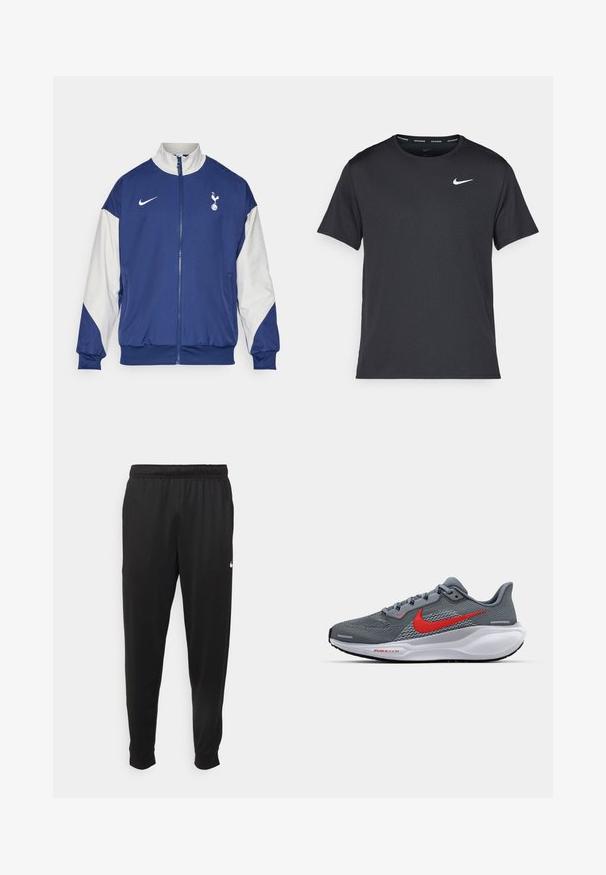 Morsko modra jakna z belimi rokavi, z vsem zadrgo, visokim ovratnikom, Nike logotipom in emblemom Tottenham Hotspur na levi prsni strani.; Črna tekaška majica Nike, izdelana iz lahkega in zračnega materiala, z kratkimi rokavi in majhnim belim logotipom na prsih.; Črne športne hlače iz gladkega materiala, z elastičnim pasom, zoženimi hlačnicami in majhnim belim logotipom na levi strani.; Sive teniske z mrežasto zgornjo plastjo, rdečimi poudarki, zasnovo z vezalkami in belim oblazinjenim podplatom, ki vključuje tehnologijo zračnega oblazinjenja.