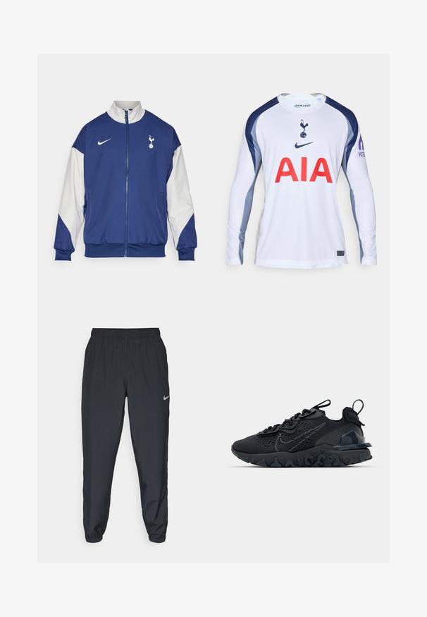 Navy blue jacket with white sleeves, full zip closure, high collar, Nike logo, and Tottenham Hotspur emblem on the left chest.; White long-sleeve football jersey with navy blue accents, featuring the Tottenham Hotspur logo and "AIA" in red across the front.; Black track pants made from lightweight fabric with an elastic waistband, ankle cuffs, and a discreet Nike logo on the left side.; Black athletic shoe with a breathable mesh upper, textured accents, and a wavy rubber sole. Features reflective logo and lacing system.