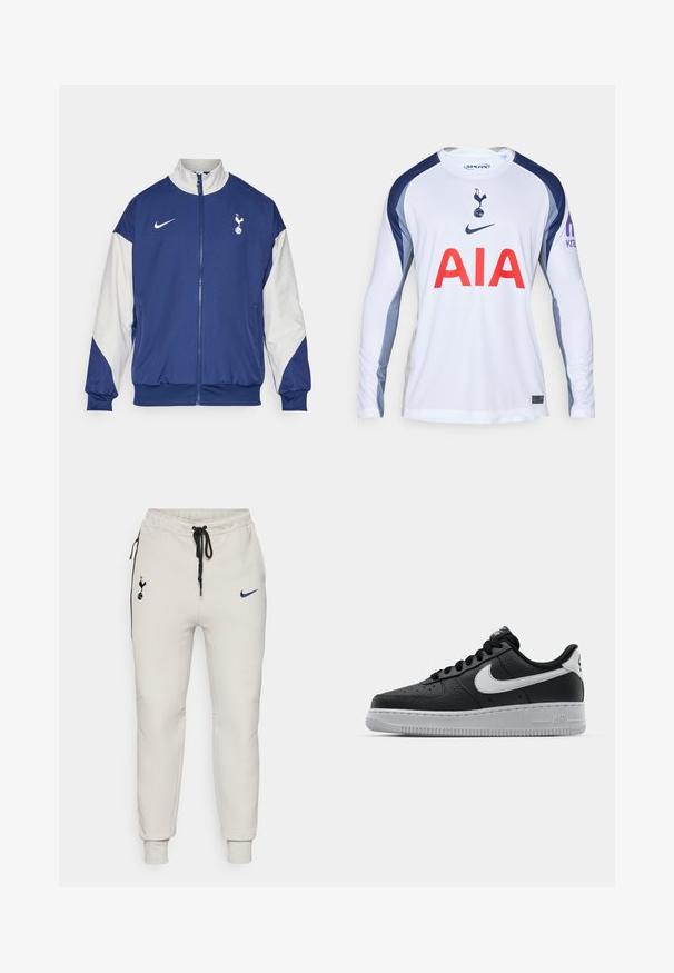 Navy blue jacket with white sleeves, full zip closure, high collar, Nike logo, and Tottenham Hotspur emblem on the left chest.; White long-sleeve football jersey with navy blue accents, featuring the Tottenham Hotspur logo and "AIA" in red across the front.; Light grey Nike joggers with black accents. Features embroidered logos, elastic waistband with drawstring, and cuffed ankles.; Black leather sneaker with textured surface, white Nike swoosh, gray sole, round toe, and lace-up design. Features perforations on toe box.