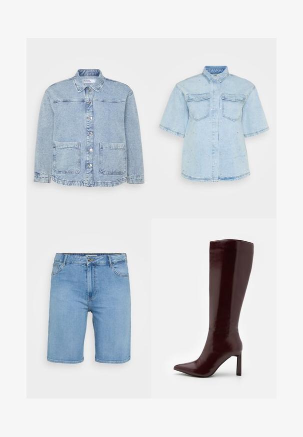 Šviesiai mėlynas džinsinis švarkas su mygtukais priekyje, smailiu užkaklu ir dviem krūtinės kišenėmis. Su užtrupėjusiu apvadu ir subtilia išblukimo žyme.; Šviesiai mėlyna džinsinė marškinė su trumpomis rankovėmis, turinti dvi priekines kišenes ir papuošta mažais sidabriniais blizgučiais visame paviršiuje.; Šviesiai mėlynos džinsinės šortai su klasikinio kirpimo, turintys priekinį mygtuką, diržo kilpas ir dvi šonines kišenes. Lygus paviršius ir tiesus apvadas.; Even&Odd Batai - dark red