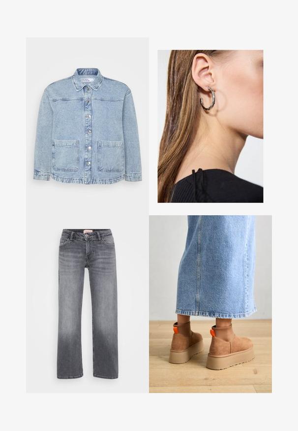 Svetlo modra jeans jakna z gumbastim zapiranjem spredaj, koničastim ovratnikom in dvema žepoma na prsih. Ima raztrgane robove in subtilno bledenje.; Even&Odd Petite 2 PACK - Top - light grey/black; Sivi traper hlače s ravnim krojem, pet žepov, rahlo zbledelo in z gumbom za zapiranje pri pasu.; Rjave suede platform čizme z elastičnimi stranskimi paneli in oranžnimi zankami, v kombinaciji s svetlobno denim krilom do kolen na lesenem tleh.; Srebrna obročasta uhana s polirano površino, ki vključuje majhne zlate poudarke in okroglo obliko, nošena na ušesnem lobu.