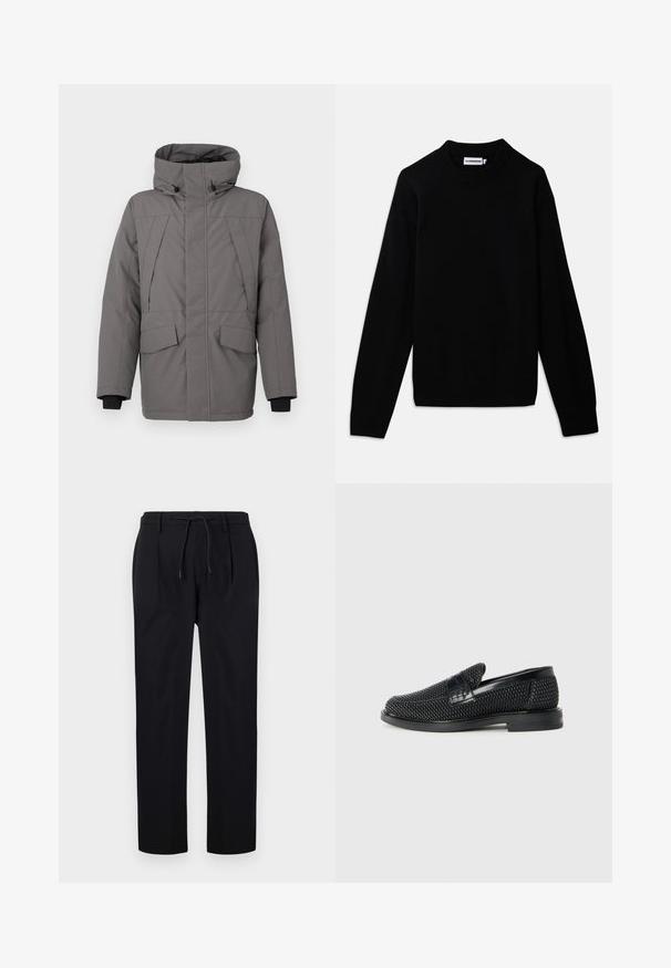 Pelēks izolēts kakis ar augstu apkakli, rāvējslēdzēju un divām priekšējām kabatām. Iekļauj melnus piedurkņu galus un smalkas šuvju akcentus.; Melnas džemperis ar ribotu apaļu kakla izgriezumu, garām piedurknēm un teksturētu adījumu. Nav redzamu logo vai dekoratīvu elementu.; Melni bikses, kas izgatavotas no gludas auduma, ar auklu jostasvietā, taisnām kājām un priekšējiem bārkstiem, lai nodrošinātu strukturētu izskatu.; Melnas austas slaidu kurpes ar gludu ādas akcentu augšpusē, apaļas formas purngalu un zemas profila gumijas zoli.