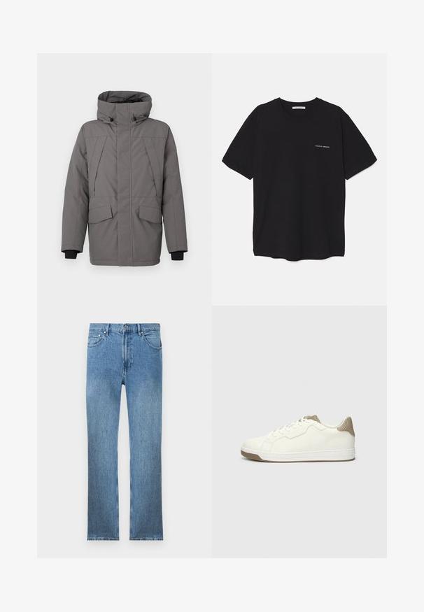 Pilkas izoliuotas švarkas su aukštu apykakle, užtrauktuku ir dviem priekiniais kišenėmis. Yra juodi rankogaliai ir subtilūs siuvimo akcentai.; Juoda medvilninė marškinėlė su apykakle, trumpomis rankovėmis ir baltu logotipu kairėje krūtinės pusėje. Paprastas, vientisas spalvų dizainas.; Šviesiai mėlyni džinsai su tiesiu pjūviu, penkiais kišenėmis, užtrauktuku ir kontrastinga siūle. Audinys turi lygų, tekstūrinį paviršių.; Baltos odinės sportbačiai su tekstūruotu smėlio spalvos tinkleliu ant kulno. Pasižymi apvaliais raišteliais, guminėmis padangomis ir minimalistišku dizaino akcentu.