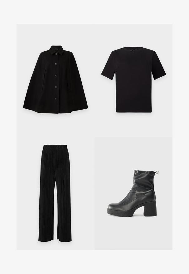 Cloak din lână neagră cu guler, închidere frontală cu nasturi, buzunare laterale și o siluetă structurat. Textură netedă, fără modele sau embellishments.; Tricou scurt negru cu mânecă scurtă și guler rotund, realizat dintr-un material de bumbac moale. Design simplu, fără logo-uri sau modele vizibile.; Pantaloni negri plisati cu talie elastică. Prezintă picioare largi și un material neted, texturat, cu dungi verticale.; Bocanci negri de glezna din piele netedă, cu fermoar lateral, toc texturat și masiv, și design cu vârf rotund.