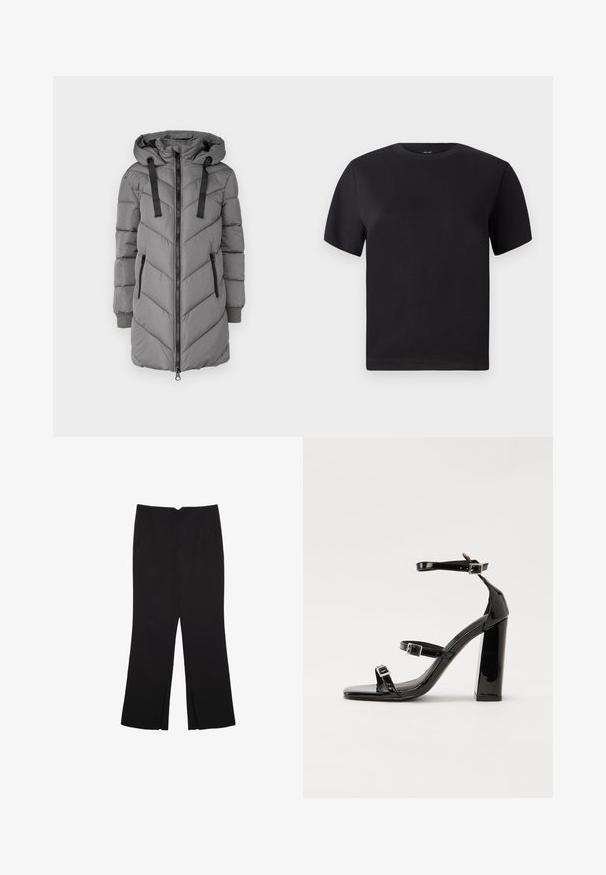 Grå vadderad jacka med ett chevronmönster, dragkedja framtill, två sidofickor och en huva med svarta dragskor.; Svart kortärmad t-shirt, rund halsringning, gjord av mjuk bomull, slät textur, minimalistisk design utan mönster eller detaljer.; Svarta byxor med rak passform, utrustade med framfickor och sidoklyvningar vid fållen. Tillverkade av mjukt, slätt tyg. Lämpliga för olika tillfällen.; Svarta lackerade klacksandaler med fyrkantig tå, ankelremmar och silverfärgade spännen. Har en kraftig blockklack för stabilitet.