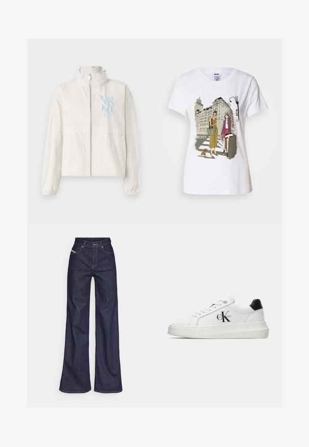 Jachetă ușoară, de culoare crem, dintr-un material fin, cu guler înalt, fermoar pe față și un logo albastru pe pieptul stâng.; T-shirt alb din bumbac, cu o ilustrație imprimată ce înfățișează două femei în stiluri de modă urbană, alături de un câine pe o trecere de pietoni și clădiri ale orașului.; Blugi taille mare, de culoare albastru închis, din material denim, cu croială largă, cu cusături portocalii, design cu cinci buzunare și închidere cu nasture.; Adidași albi cu glezna joasă, cu tab-ul de călcâi negru, talpă platformă, șireturi și logo-ul "CK" de la Calvin Klein pe lateral.
