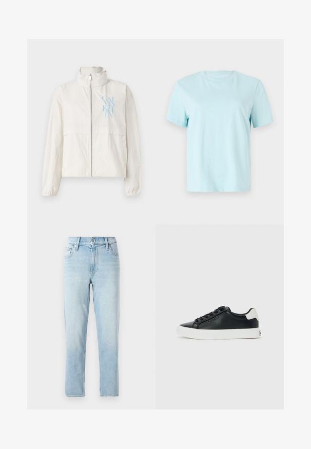 Lagani, kremasti kaput od glatkog materijala s visokim ovratnikom, zatvaračem sprijeda i plavim logotipom na lijevoj strani prsa.; Svijetloplavi pamukasti majica s kratkim rukavima, okruglim izrezom i suptilnim izvezenim logotipom 'Calvin Klein' na prednjoj strani.; Svijetloplave traperice, ravnog kroja, srednjeg struka, s pet džepova i dugmetom na prednjem dijelu.; Crne niske tenisice s bijelim potplatom i tabanom, crne vezice i suptilni Calvin Klein logotip sa strane, prikazane na jednostavnoj pozadini.