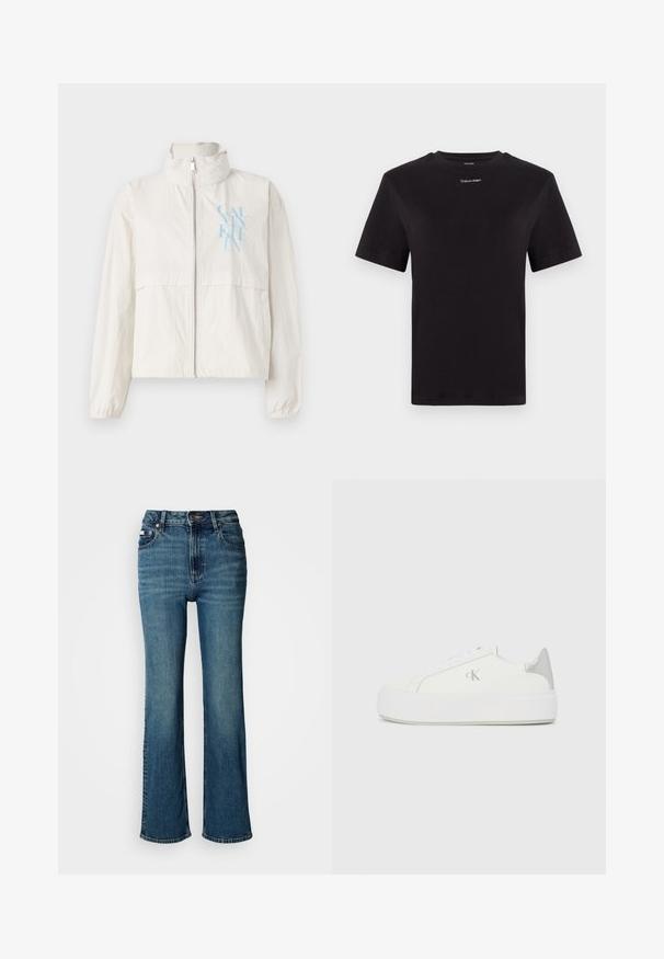 Lahka, smetana barve jakna iz gladkega materiala z visokim ovratnikom, z zadrgo spredaj in modrim logotipom na levem prsnem delu.; Črna bombažna majica s kratkimi rokavi, okroglim izrezom in majhnim belim logotipom "Calvin Klein" na prsih. Gladka tekstura, klasičen kroj.; Visoko pasne modre jeans hlače iz denima, s straight leg dizajnom, rahlim bledenjem in standardnim gumbom ter zadrgo.; Bele platnene superge z debelim belim podplatom, ki imajo kovinsko srebrno obrobo na peti in subtilen logotip na strani.