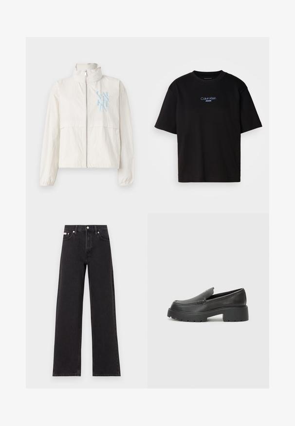 Kerge, kreemivärvi jakk siledast kangast, kõrge kraega, lukuga ees ja vasakul rinnal sinine logo.; Mustmust särk ümmarguse kaelusega, lühikeste varrukatega ja sinise tikandiga "Calvin Klein JEANS" logo ees.; Mustad laiad mustad teksad, millel on kõrge vöökoht, viie tasku stiil ja metallist nööpkinnitus kontrastsete õmblustega.; Mustad nahast loafers ümarate varvastega, paksu tekstuuriga tald ja minimaalsete õmbluse detailidega. Viimistletud disain, kus pole nähtavaid paelu ega riistu.