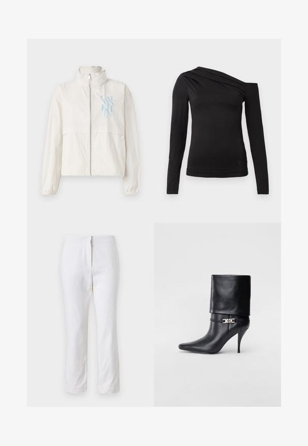 Lagani, kremasti kaput od glatkog materijala s visokim ovratnikom, zatvaračem sprijeda i plavim logotipom na lijevoj strani prsa.; Crni dugi rukav vrh s asimetričnom izrezom, s jednim ramenom otkrivenim i nježnim drapiranjem preko grudnog dijela.; Bijele pamučne hlače ravnog kroja, sa strukom srednje visine i bez vidljivih metalnih dijelova ili uzoraka. Glatka tekstura kroz cijelu dužinu.; Crna kožna gležnjača s šiljastim prstom, visokim stiletto potplatom, preklopnim rubom i zlatnom dekorativnom kopčom na gležnju.