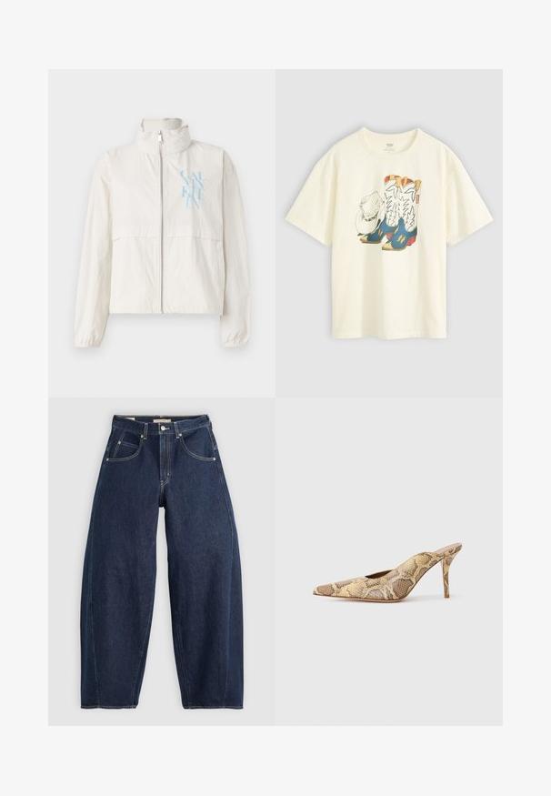 Lightweight, cream-colored jacket in a smooth fabric with a high collar, zipped front, and a blue logo on the left chest.; White cotton t-shirt featuring a graphic of cowboy boots and a hat. The boots are blue with yellow accents and white detailing.; Dark blue denim jeans with a loose fit, light stitching, five pockets, and a button closure at the waistband.; Pointed-toe slingback heels in a textured snake-print pattern with beige and brown tones; features a stiletto heel and cut-out sides.