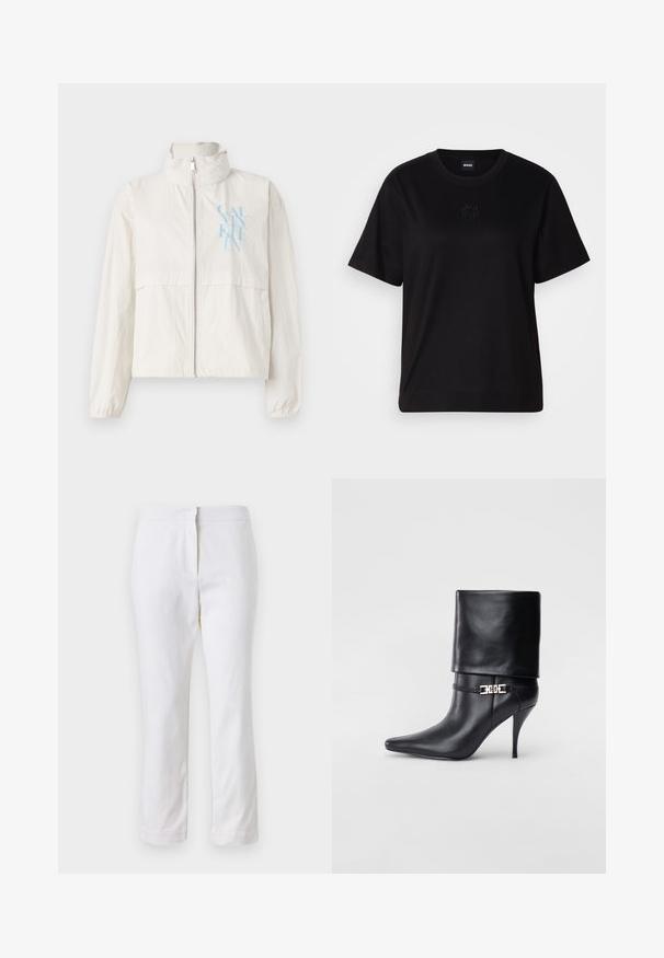 Giacca leggera di colore crema in un tessuto morbido con colletto alto, chiusura zip frontale e un logo blu sul lato sinistro del petto.; Maglietta in cotone nera con scollatura tonda, maniche corte e logo ricamato sul petto. Design semplice e vestibilità rilassata senza motivi.; Pantaloni bianchi in cotone con design a gamba dritta, caratterizzati da una vita a media altezza e senza hardware o motivi visibili. Tessuto liscio su tutta la superficie.; Stivale ankle in pelle nera con punta affusolata, alto tacco a stiletto, risvolto sulla caviglia e un elegante dettaglio in oro con fibbia decorativa.