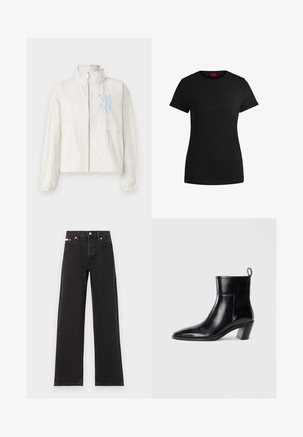 Könnyű, krémszínű dzseki sima anyagból, magas gallérral, cipzáros elülső résszel és kék logóval a bal mellrészen.; Fekete pamut póló rövid felgöngyölt mangaszalaggal, kerek nyakkivágással és piros címkével. Sima textúra, megformált szabás minimális részletezéssel.; Fekete, bőszárú farmernadrág, magas derekú, öt zsebes kialakítással és fém gombos záródással, kontrasztos varrással.; Fekete bőr bokacsizma hegyes orral, geometrikus, rétegelt sarokkal és hátsó húzófüllel. Sima textúra és kifinomult dizájn.
