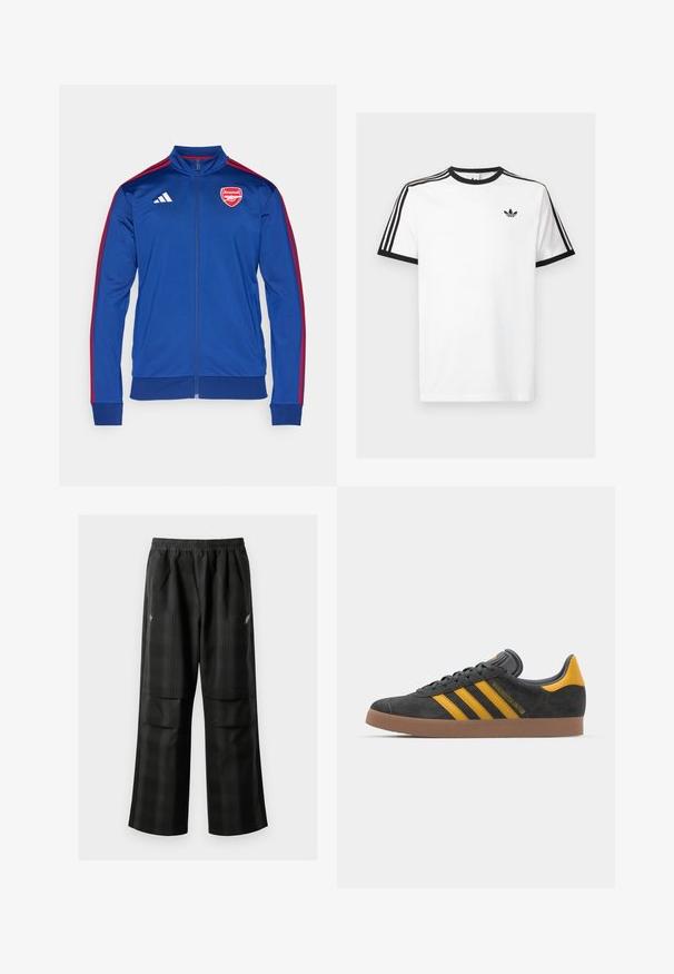 Sinine polüesterist lukuga jakk punaste Adidas'i triipudega. Omab Arsenal'i logo'd rinnal, kõrget kraed ning soonikkoes varruka- ja allääri.; Valge puuvillane T-särk mustade ribadega kaelas ja varrukates, millel on iga õla peal kolm musta triipu ning rindkeres väike logo.; Mustas ruudulised püksid, millel on elastne vöökoht, kaks esimest taskut ja laiem lõige sirge jala disainiga. Valmistatud kergest materjalist.; Mustad sametist spordijalatsid kollaste aktsentidega, millel on kolm triipu ja pruun kummitald. Mugavuse tagamiseks on neil pehmendatud keele osa.