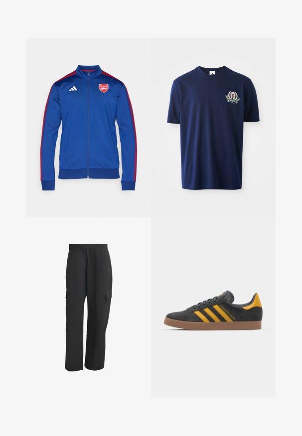Modrá polyesterová bunda na zip s červenými pruhy Adidas. Obsahuje logo Arsenalu na hrudi, vysoký límec a žebrované manžety a lem.; Námořnická modrá bavlněná tričko s krátkým rukávem, kulatým výstřihem a vyšívaným logem s vavřínovými akcenty na levé hrudi.; Černé cargo kalhoty s elastickým pasem, bočními kapsami, volným střihem a texturovanou tkaninou. Navrženo pro pohodlí a praktičnost.; Černé semišové tenisky se žlutými akcenty, vybavené třemi pruhy a hnědou gumovou podrážkou. Obsahují polstrovaný jazyk pro pohodlí.
