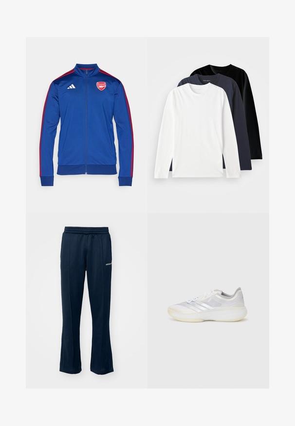 Zila poliestera jaka ar rāvējslēdzēju un sarkanām Adidas svītrām. Arsenāla logotips uz krūšu daļas, augsts apkakle un ribotie piedurkņu un apakšmalas gali.; Trīs ar garām piedurknēm T-krekli, salikti vienā vietā: viens balts, viens tumši zils un viens melns. Izgatavoti no gludas kokvilnas, ar apaļiem kakla izgriezumiem un sānu slēgumiem.; Jūras spēku sporta bikses ar elastīgu jostu, taisnām kājām un viegliem sānu šuvēm. Satur nelielu baltu logo kreisajā gurnā.; Baleta apavi baltā sieta un sintētiskos materiālos ar sudraba akcentiem; aprīkoti ar mīkstinātu apkakli, auklām un biezu zoli atbalstam.