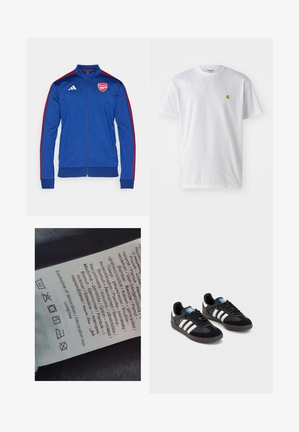 Modrá polyesterová bunda na zip s červenými pruhy Adidas. Obsahuje logo Arsenalu na hrudi, vysoký límec a žebrované manžety a lem.; Bílé bavlněné tričko s krátkým rukávem a kulatým výstřihem, s malým zlatým logem na levé straně hrudi. Měkká textura a klasický střih.; Štítek s vícejazyčným textem, symboly péče a ikonami recyklace, vytištěný na měkkém materiálu připomínajícím látku ve světlé barvě.; Černé tenisky s vrškem z semiše a syntetického materiálu, s třemi bílými pruhy, texturovanou gumovou podrážkou a modrou nášivkou loga na jazyku.