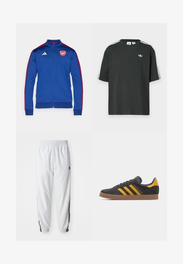 Sininen polyesterista valmistettu vetoketjullinen takki punaisilla Adidas-raidoilla. Takissa on Arsenal-logo rinnassa, korkea kaulus sekä ribbireunat hihansuissa ja helmassa.; Musta puuvillainen t-paita, jossa on lyhyet hihat, pyöreä pääntie ja valkoiset kolmen raidan yksityiskohdat olkapäillä. Rinnan kohdalla on pieni valkoinen logo.; Valkoiset urheiluhousut, joissa on mustat sivupainatukset, joustava vyötärö ja hihnat; vasemmassa reidessä Adidas-logo. Suora kangastyyppi.; Mustat samettiset tennarit, joissa on keltaisia yksityiskohtia, kolmonen raita ja ruskea kumipohja. Sisältää pehmustetun kielisen mukavuutta varten.