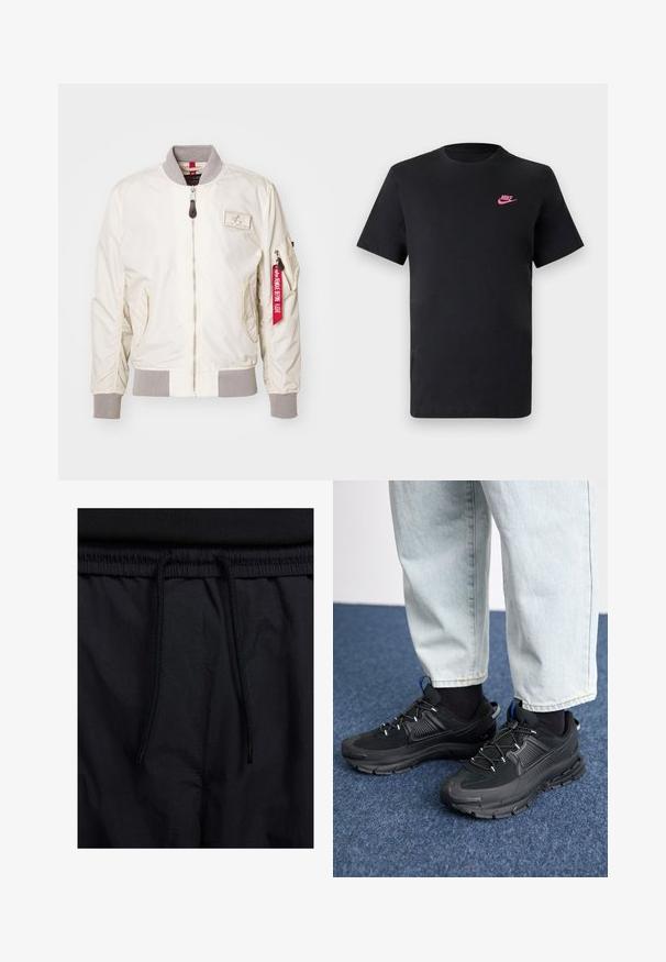 Világos bézs bomber dzseki, nylonból készült, bordázott mandzsetta és szürke gallér jellemzi. Cipzáras záródás oldalsó zsebbel és piros címke részlettel.; Fekete pamut póló kerek nyakkivágással és rövid ujjakkal. Bal felső oldalon rózsaszín Nike logóval. Sima textúra.; Fekete rövidnadrág, húzózsinórral ellátott derékrésszel, könnyű anyagból, sima felszínen, egyszerű dizájnnal, látható logók vagy minták nélkül.; Fekete sportcipők texturált anyaggal és gumitalppal, elasztikus fűzőkkel és kék kiegészítővel a saroknál. Világos farmernadrággal viselve.