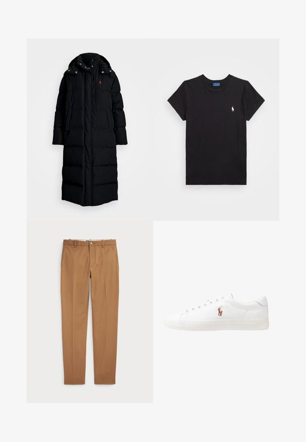 Polo Ralph Lauren HOODED DOWN COAT - Ziemas mētelis - black; Melnā kokvilnas t-krekls ar apaļu kakla izgriezumu, īsām piedurknēm un balto izšūto logotipu kreisajā krūtī. Gluda tekstūra, ikdienišķs dizains.; Brūni kokvilnas bikses ar šauru piegriezumu, plakanu priekšpusi un standarta kabatām; gluda tekstūra un apšūti manšetes.; Baltas ādas sporta apavi, zema dizaina, ar gludu tekstūru, noapaļotu purngalu, ar auklēm priekšpusē un nelielu izšūtu logotipu sānos.