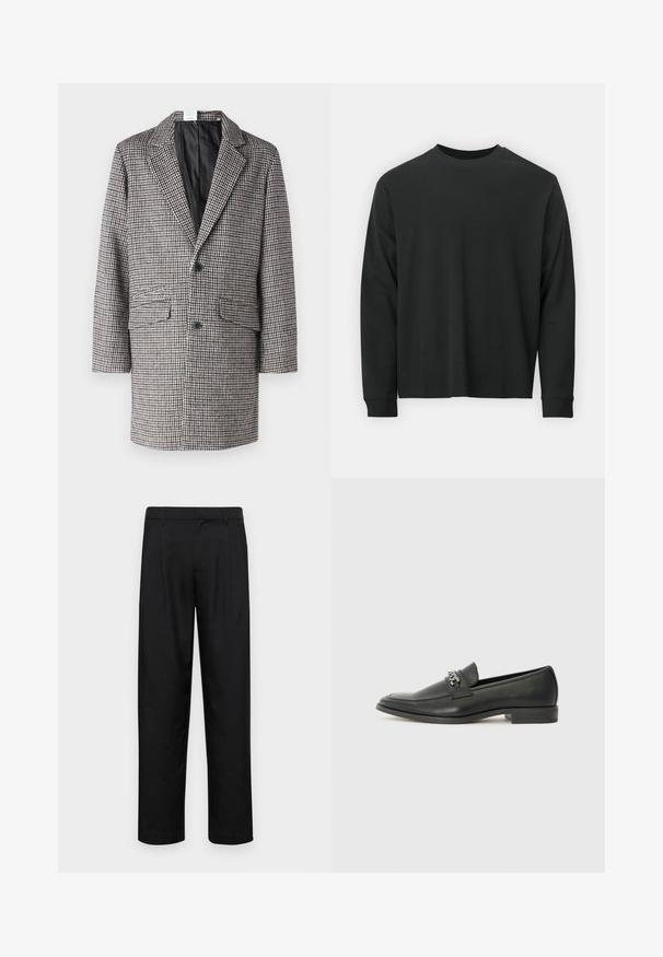 Abrigo de patrón de pata de gallo en marrón, negro y blanco, con solapas de muesca, dos bolsillos frontales y cierre de un botón.; Camiseta negra de manga larga, hecha de algodón, con escote redondo, corte holgado y puños acanalados. Textura suave sin patrones visibles.; Pantalones negros de tela suave, con un diseño de pierna recta, dos pliegues frontales y una cintura estándar con trabillas para el cinturón.; Mocasín de cuero negro con un acabado suave, que cuenta con un diseño de costura y un acento decorativo de cadena de metal en el empeine. Tacón plano.