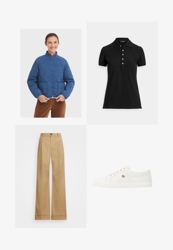 Giacca blu trapuntata con zip frontale, colletto alto e due tasche. Presenta cuciture curve e una vestibilità comoda. Materiale testurizzato di peso medio.; Polo nero realizzata in tessuto strutturato, con colletto, maniche corte e un profilo con bottoni dorati. Dettaglio del logo discreto sul petto.; Pantaloni beige a gamba larga con chiusura a bottone, caratterizzati da una trama liscia e pieghe stirate. Bottoms con risvolto per un tocco in più.; Lauren Ralph Lauren JANSON II CANVAS SNEAKER - Sneakers basse - optic white