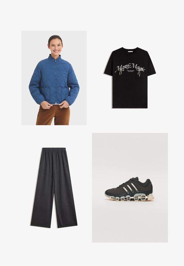 Blaue gesteppte Jacke mit einem Reißverschluss vorne, hohem Kragen und zwei Taschen. Mit gebogenen Nähten und einer lockeren Passform. Strukturiertes, mittelschweres Material.; Schwarzes Baumwoll-T-Shirt mit dem Aufdruck "Mostly Magic" in Weiß, verziert mit dekorativen Perlenakzenten. Kurze Ärmel, lässige Passform, Rundhalsausschnitt.; Schwarze, weit geschnittene Hose aus einem weichen Stoff, mit elastischem Bund und Seitentaschen. Glatte Textur mit sauberer Naht.; Schwarzer Sportschuh mit einer strukturierten Oberseite, drei silbernen Streifen und einer markanten Dämpfungssohle mit mehreren integrierten Sektionen.