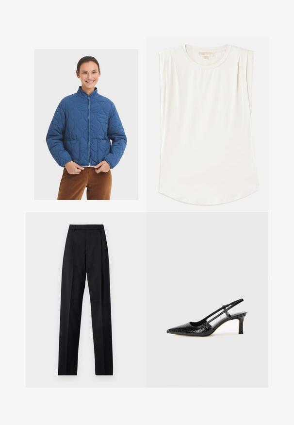 Modrá prošívaná bunda se zipem vpředu, vysokým límcem a dvěma kapsami. Má zakřivené stehy a uvolněný střih. Strukturovaný, středně těžký materiál.; Bílý bezrukávový top z hladké látky, s kulatým výstřihem a jemnými sklady na ramenou, s křivkovým lemem.; Černé kalhoty vyrobené z hladké tkaniny, vybavené vysokým pasem, širokými nohavicemi, předními záhyby a klasickými poutky na opasek. Nejsou viditelné boční kapsy.; Černé lakované slingback podpatky s špičatou špičkou, zdobené texturovaným hadím vzorem, nastavovacím páskem a krátkým texturovaným blokovým podpatkem.