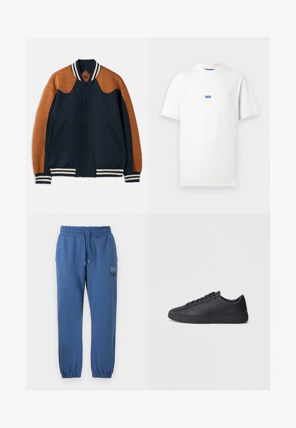 Jachetă de tip varsity de culoare bleumarin, cu mâneci din piele maro, guler pe dungi, panouri texturate pe umeri și închidere frontală cu nasturi. Prezintă buzunare laterale.; Tricou alb cu mâneci scurte, cu un mic logo dreptunghiular albastru cu inscripția „HUGO” centrat pe piept, pe un fundal simplu.; Pantaloni de trening albaștri din material moale, cu o talie elastică, șnur și manșete elastice. Include o patch logo pe coapsă.; Adidași negri din piele netedă, cu un design low-top, vârf rotund și talpă plată din cauciuc. Au șireturi și un branding subtil.